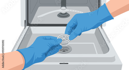 Two gloved hands carefully handle a circular dishwasher filter component above the open basin of a dishwasher.