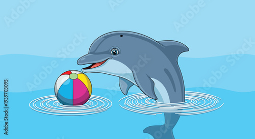 Playful grey dolphin jumping out of the blue ocean water to push a colorful beach ball with its nose in a fun summer scene.