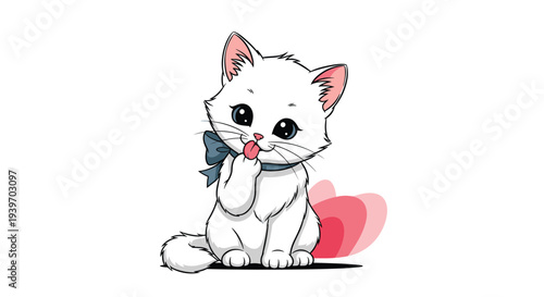 Adorable white kitten with a blue bow licking its paw while sitting next to a red heart in a sweet and loving animal illustration.