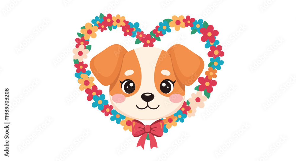 Fototapeta premium Adorable puppy face framed by a beautiful heart shaped wreath of colorful spring flowers with a red ribbon bow at the bottom.