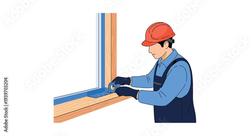 A construction worker wearing an orange hard hat and blue overalls is meticulously applying blue masking tape to a wooden window frame.