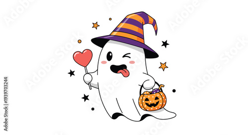 Friendly little ghost wearing a striped witch hat and carrying a pumpkin candy bucket while holding a heart shaped sweet treat.