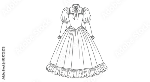 Elegant vintage style ball gown line drawing with puffy sleeves and a large ruffled skirt for fashion design and coloring pages.