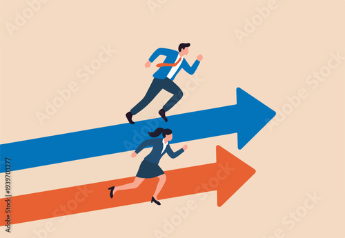 Business competition, contest or rivalry against competitors to increase sales for victory, performance compare to other employees concept, businessman and woman compete running on arrow racetrack.