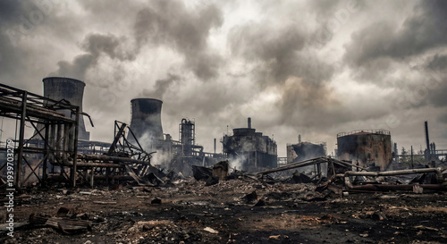 A desolate industrial landscape under a heavy overcast sky, debris and twisted metal in the foreground with smoke billowing from damaged structures
