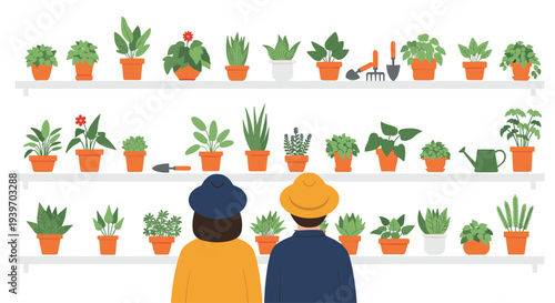 Two people, viewed from behind, are observing three shelves filled with numerous potted plants and gardening tools.