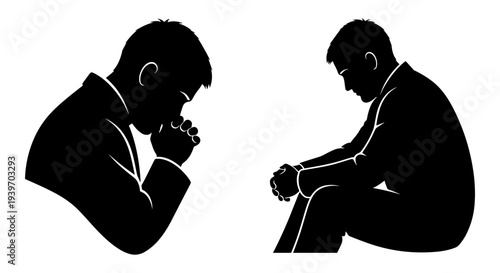 Two black silhouette vectors of men in thoughtful, sad, or praying poses, one standing with hands clasped, the other sitting with head bowed, depicting contemplation, grief, or spirituality.