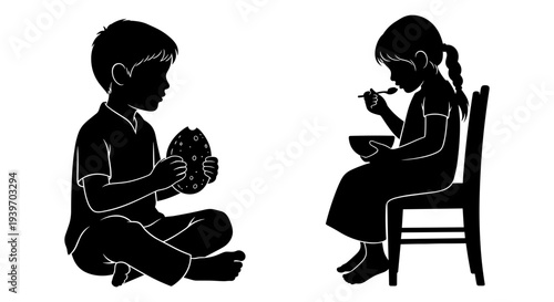 Black silhouette vector illustration of a young boy sitting cross-legged eating a cookie and a girl sitting on a chair eating from a bowl with a spoon, depicting childhood activities.