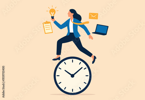 Productive woman, multitasking or time management professional, productivity or entrepreneurship, work efficiency or organize schedule, productive businessman woman balance on clock managing tasks
