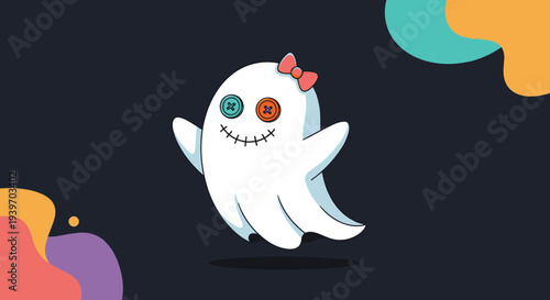 Cute white ghost character with colorful button eyes and a stitched mouth wearing a pink bow on a dark background for Halloween.
