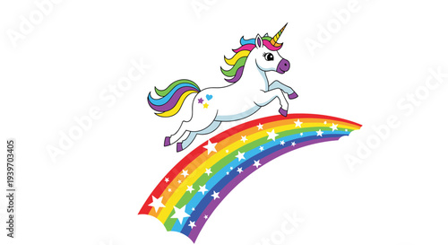 Magical white unicorn with a vibrant rainbow mane and tail jumping gracefully over a colorful arched rainbow decorated with stars.
