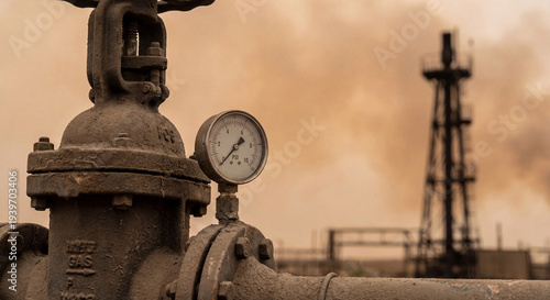 A dusty industrial valve and pressure gauge dominate the foreground against a hazy muted orange sky with a blurred industrial tower silhouette in the distance