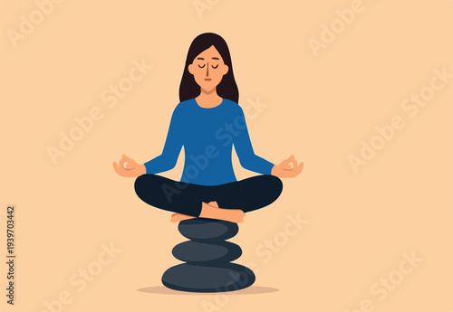 Mindfulness meditation to balance work and life, mental health healing with relaxing yoga, enjoy freedom, peace and solitude concept, calm peaceful woman meditate sitting on stack of zen rock pyramid