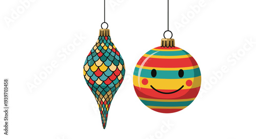 Pair of colorful hanging Christmas ornaments featuring a scaled teardrop shape and a round striped ball with a happy smiley face.
