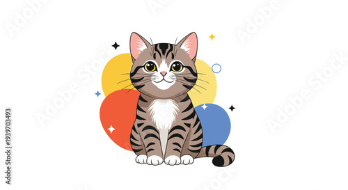 Cute tabby kitten sitting against a colorful abstract background featuring bright red, yellow, and blue circles with stars.