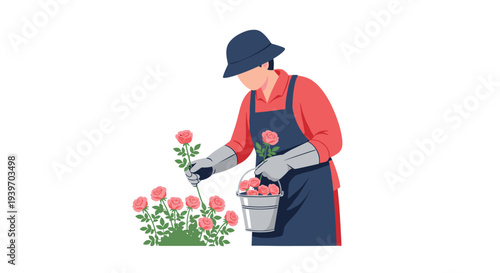A person wearing a dark hat, red shirt, and apron is carefully picking pink roses from a bush and placing them into a bucket.
