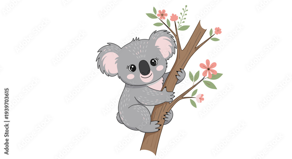 Naklejka premium Adorable grey koala character climbing a wooden tree branch decorated with delicate pink flowers and green leaves.
