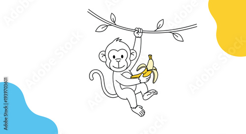 Cute monkey character hanging from a jungle vine with one hand while holding a peeled banana against a white background.
