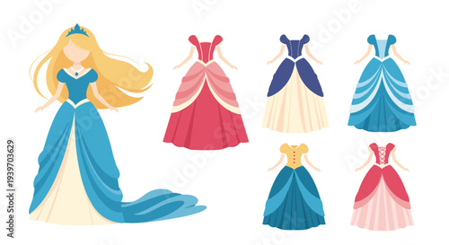 Beautiful princess with flowing blonde hair standing next to a collection of elegant royal gowns in different colors.
