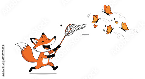 Joyful orange fox character running through a field with a butterfly net while chasing several bright orange butterflies.