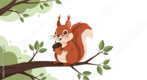 Adorable red squirrel sitting on a tree branch surrounded by green leaves while holding a large brown acorn in its paws.