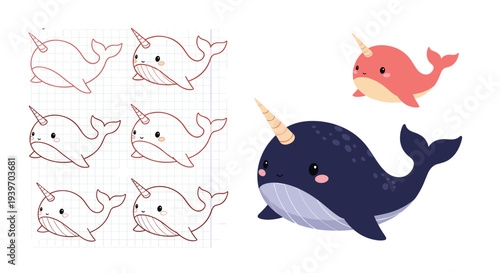 Educational drawing guide showing how to draw a cute narwhal whale character from basic lines to final colored versions.