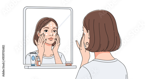 A woman with short brown hair applies white cream dots to her face while looking at her reflection in a rectangular bathroom mirror.