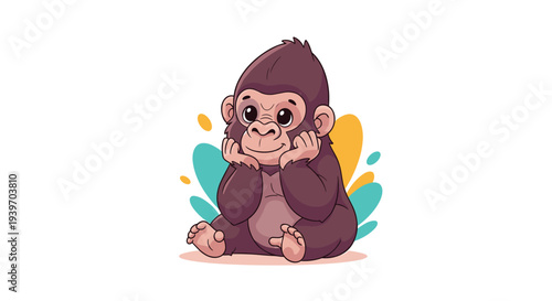 Adorable baby gorilla sitting on the ground with its hands on its chin looking thoughtful against abstract shapes.
