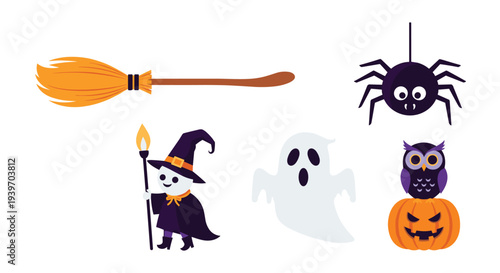 Set of spooky Halloween themed icons featuring a witch, ghost, spider, owl on a pumpkin, and a magic broomstick.