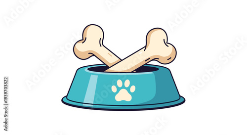 Blue dog food bowl with a paw print icon containing two crossed white bones against a clean white background.
