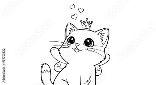 Black and white line art illustration of a cute kitten with fairy wings wearing a crown and surrounded by hearts.