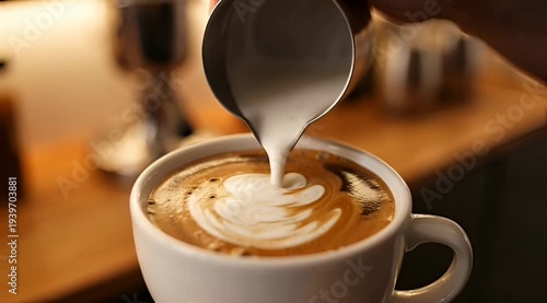 Closeup shot of pouring milk into a cup of cappuccino with latte art