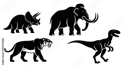 Prehistoric Animals Silhouettes Set - Dinosaurs, Mammoth, and Saber-toothed Tiger Icons
