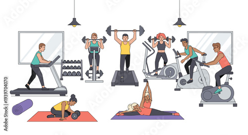 Eight diverse individuals are actively exercising on various machines and mats within a modern gym setting featuring white walls and hanging lights.