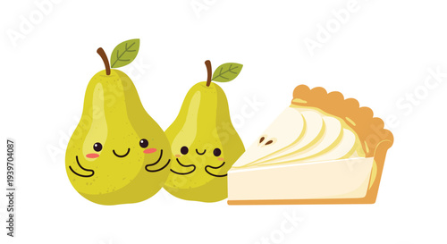 Kawaii pear characters with happy faces standing next to a slice of delicious pear tart in cute cartoon style.
