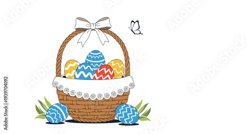 Wicker easter basket with a white bow filled with colorful decorated eggs and a small butterfly flying nearby.