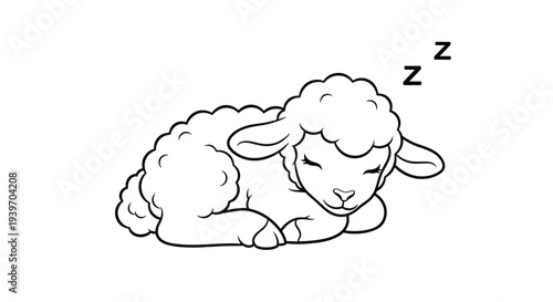 Simple black and white line art illustration of a cute fluffy sheep sleeping peacefully for a children coloring book page.
