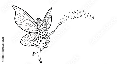 Enchanting tooth fairy with large wings flying and waving a magic wand with stars over a tooth coloring book illustration.