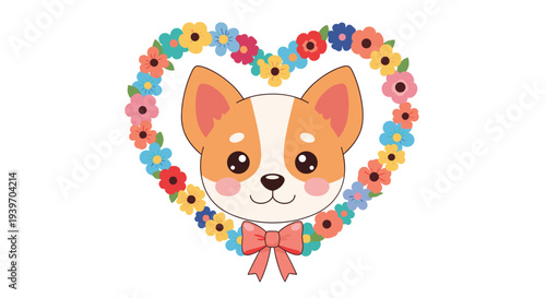Adorable corgi puppy head surrounded by a colorful heart shaped flower wreath with a red bow on a white background.