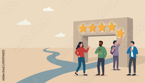 Customer or loyalty satisfaction giving 5 stars rating feedback, best use to experience trust service success again concept, various customer people giving 5 stars review for quality service