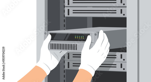 Two hands in white gloves are carefully installing a grey server unit with indicator lights into a slot in a server rack.