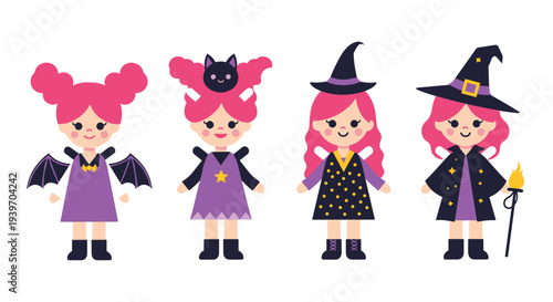 Group of cute little girls dressed in various halloween costumes including a bat, a fairy, a witch, and a sorceress with a wand.
