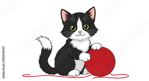 Adorable black and white tuxedo kitten playing with a large ball of red yarn while sitting on a clean white background.