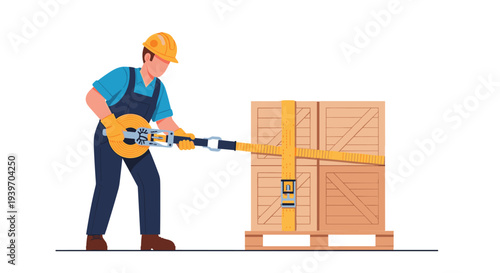 A worker in a hard hat and overalls is securing two wooden crates on a pallet with a yellow ratchet strap against a white background.