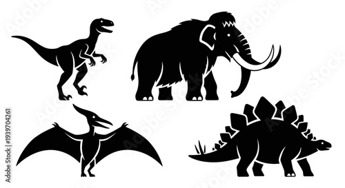 Prehistoric Animals Silhouettes Set: Dinosaur, Mammoth, Pterodactyl, Stegosaurus Icons