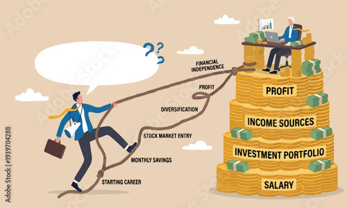 Financial to reach financial independence concept, businessman trying hard climbing rope to reach top of money coins stack