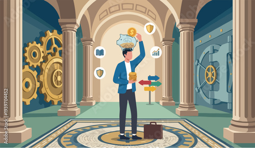 Pay concept, smart young adult man putting money dollar coins into piggy bank on his head