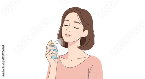 A young woman with short brown hair is spraying perfume onto her neck from a light blue bottle with her eyes closed in contentment.