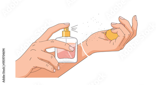 Two hands are holding a clear glass perfume bottle with pink liquid, spraying a fine mist onto a wrist.