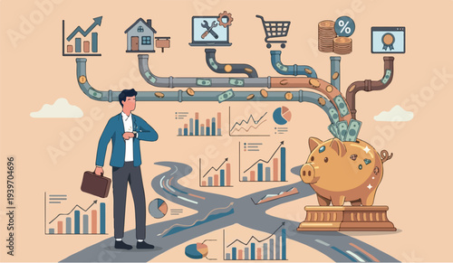 Multiple streams for to in the data analysis ncome, passive income or revenue from invest in multi assets, side hustles to make money concept, rich businessman standing with multi cash flow from pipe 